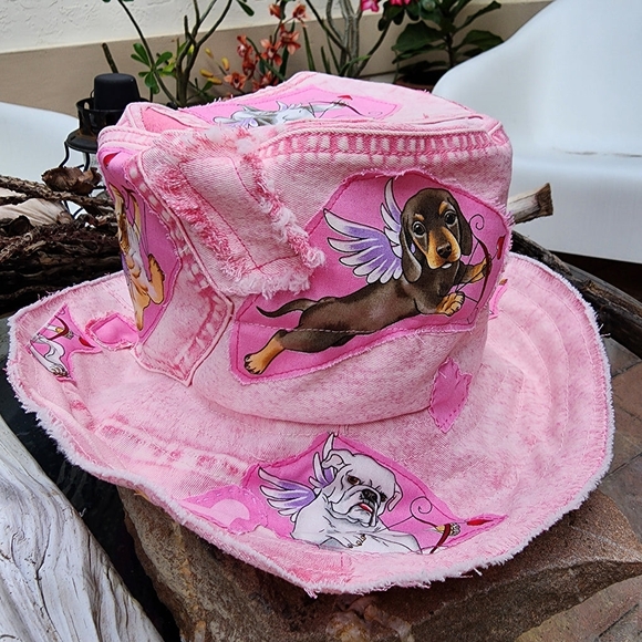 Ivana Ruzzo Accessories - Shabby Chic Top Hat Distressed Dyed Acid-washed Denim Dog Pink Patched Upcycled